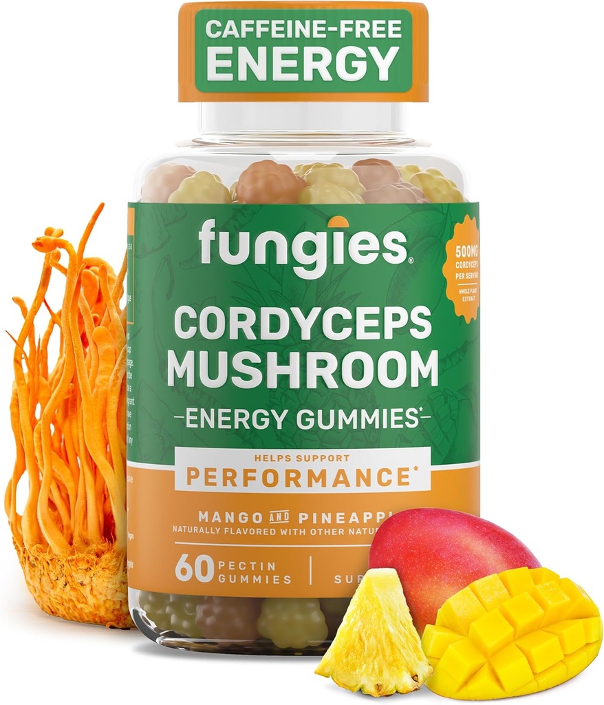 Fungies Cordyceps Mushroom Gummies, Mango & Pineapple Flavor - Mushroom Herbal Supplement Gummy til voksne Understøtter Endurance, Energi & Performance - Kaffe- Gratis energi Gummies - 60 Servering