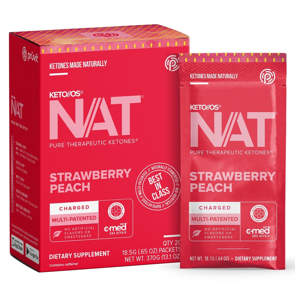 Pruvit - Keto / / OS NAT - Jordbær Peach Charged Drink Mix med C- Med 100, L- Taurine, Vitaminer B6 & B12, Ketone Supplement - 18.5g