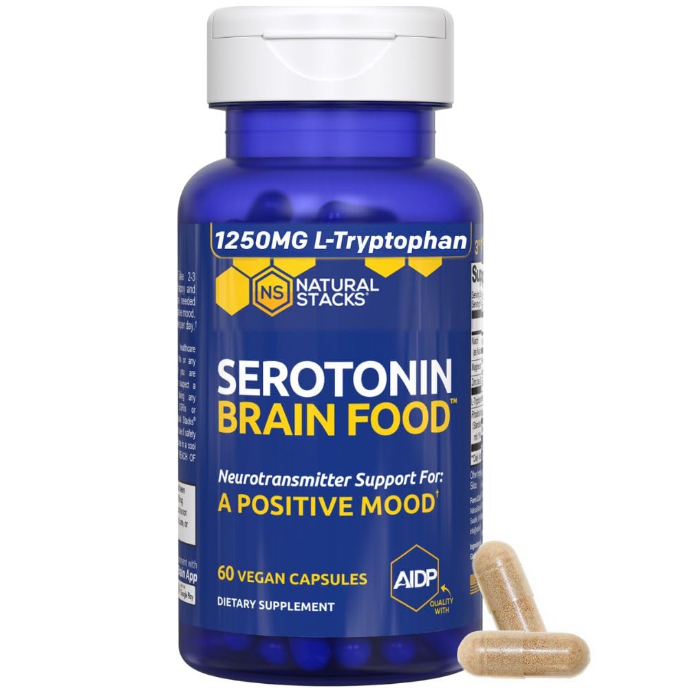Serotonin Brain Food - 1250mg L- Tryptophan & 400mg Rhodiola Rosea Supplement - Food Support for Stress Relief - Neurotransmitter Support med Magnesium Glycinat & Zink - 60 kapsler