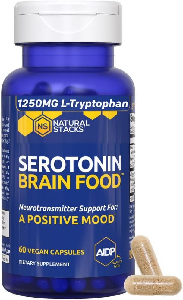 Serotonin Brain Food - 1250mg L- Tryptophan & 400mg Rhodiola Rosea Supplement - Food Support for Stress Relief - Neurotransmitter Support med Magnesium Glycinat & Zink - 60 kapsler
