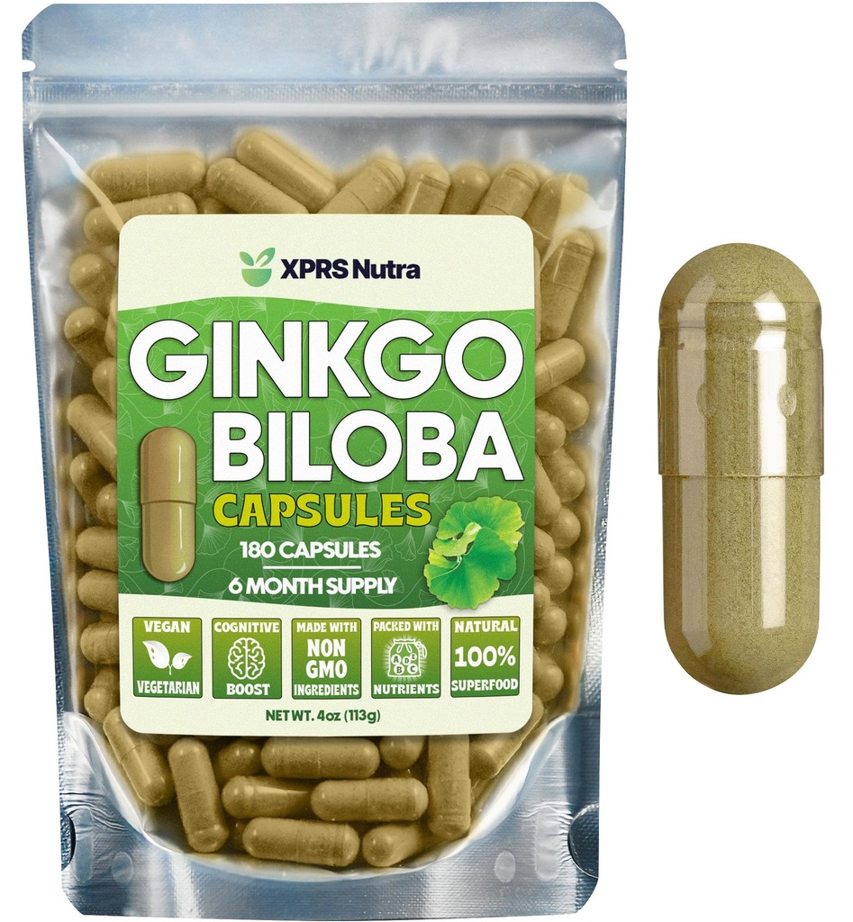 XPRS Nutra Ginkgo Biloba Kapsler - Gingko Biloba indkapslet Kognition - Vegan Friendly Ginkoba Biloba - Immunity Boosting Ginkgo Biloba Kapsler - 180 Count