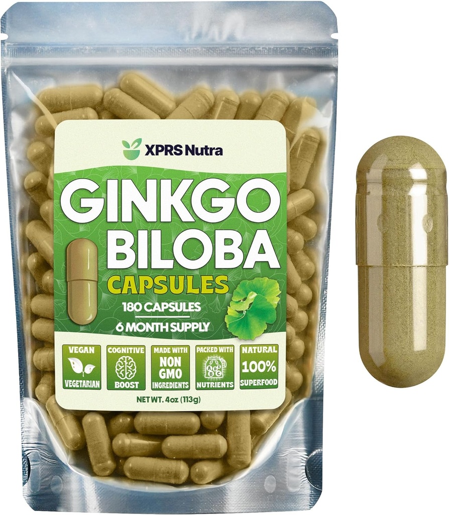 XPRS Nutra Ginkgo Biloba Kapsler - Gingko Biloba indkapslet Kognition - Vegan Friendly Ginkoba Biloba - Immunity Boosting Ginkgo Biloba Kapsler - 180 Count