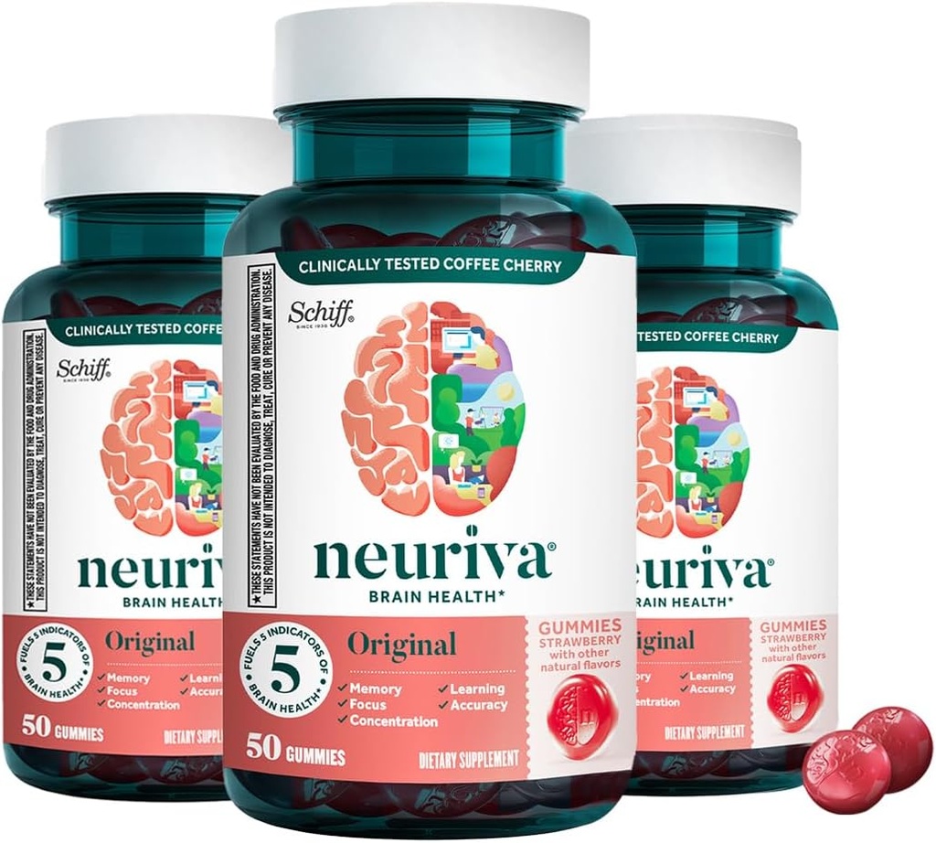 Neuriva Original Brain Health Support Strawberry Gummies (50 Greve), Brain Support with Phosphatidylserin & Decafeined, Clinically Proven Coffee Cherry (Pack of 3)