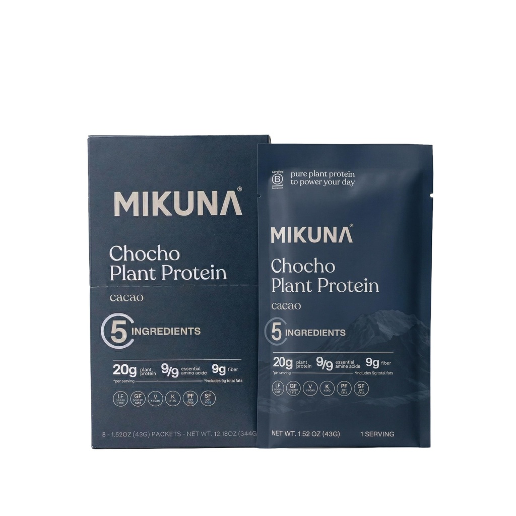 Mikuna Chocho Superfood Protein, Plant- baseret protein pulver, Rejsepakker - Vegan, Gluten Free, 3g Net Carbs eller mindre, og Bioavailable, Ikke-Isolere (8 Servere, Cacao)