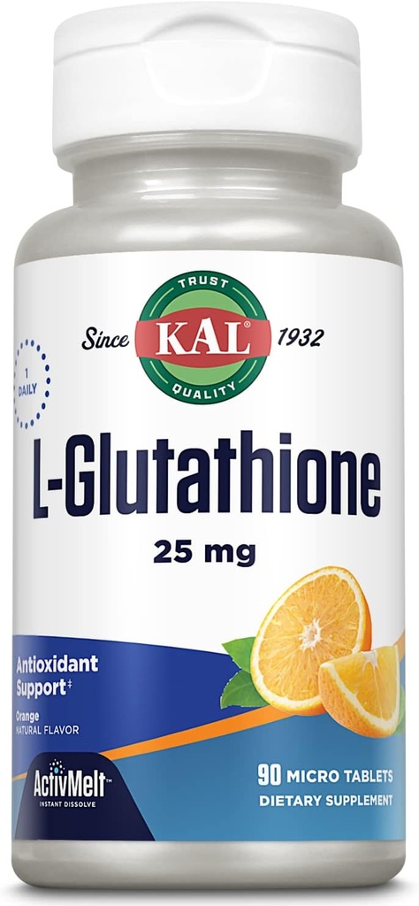 KAL L- Glutathion, Reduceret Glutathion supplement, Høj Absorption Antioxidant, Orange Flavor Instant Opløs ActivMelt, Vegetar, Lab Verified, 90 Servere, 90 Micro Tablets