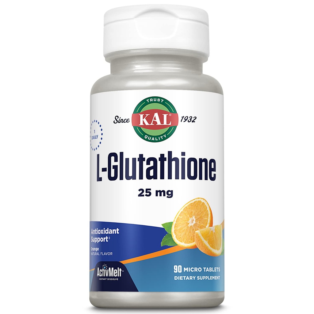KAL L- Glutathion, Reduceret Glutathion supplement, Høj Absorption Antioxidant, Orange Flavor Instant Opløs ActivMelt, Vegetar, Lab Verified, 90 Servere, 90 Micro Tablets