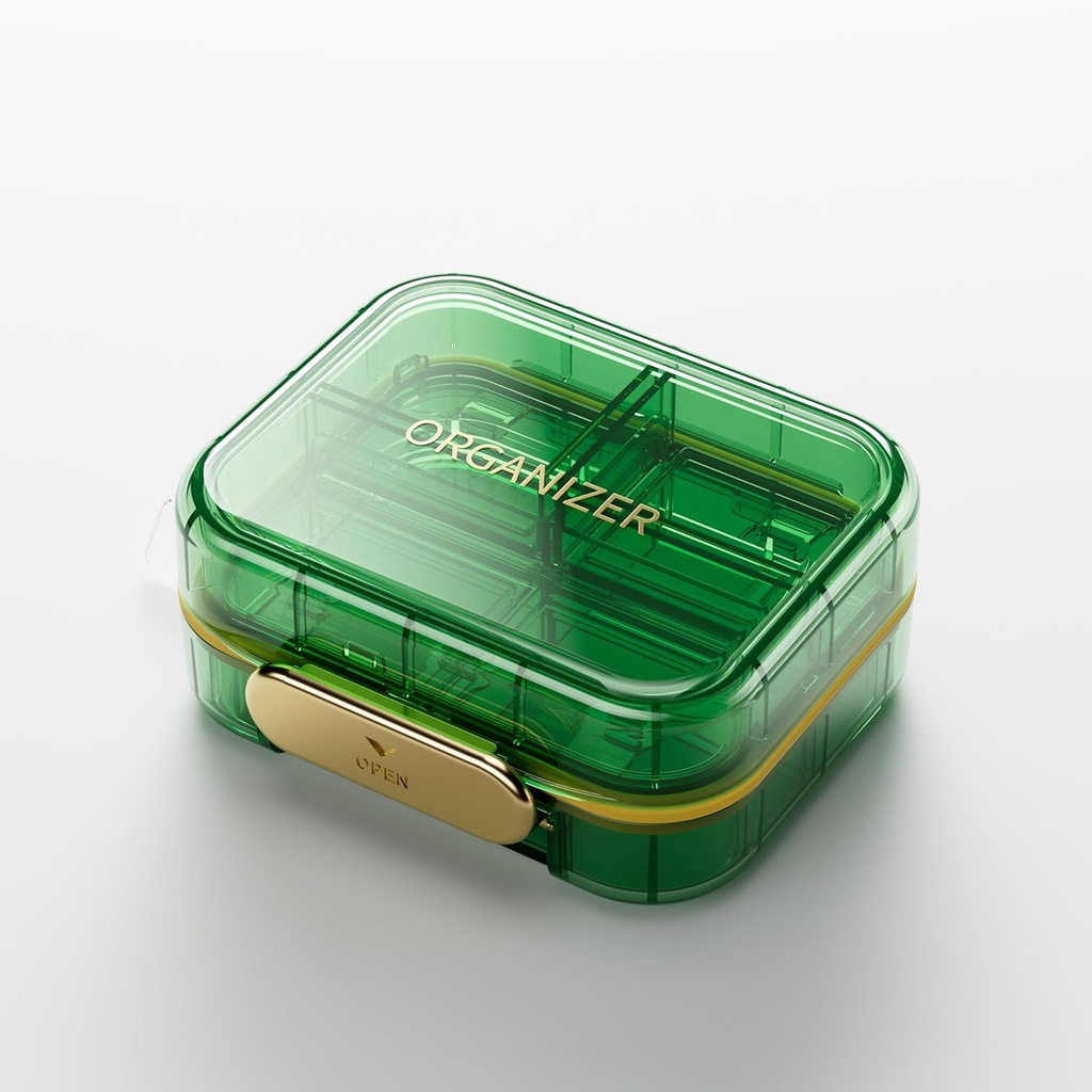 BEXEEN Stylish Daily Pill Organizer - Travel Box Small Holder 7 Compartments Cute Vitamin Case Portable Medicine Pocket Pharmacy Supplement Container for Purse Medication Dispenser Kit, Green