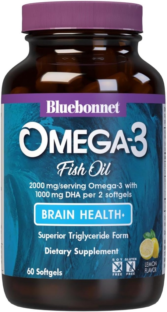 Bluebonnet Nutrition Omega-3 Brain Formel Natural Wild Caught Triglycerid Form DHA 860 mg EPA 120 mg - stærkt koncentreret Kognitiv Sundhed & Wellness Support - Gluten- Free - 60 Softgels