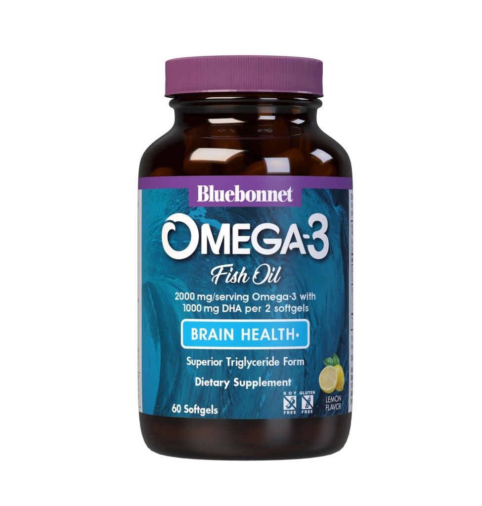 Bluebonnet Nutrition Omega-3 Brain Formel Natural Wild Caught Triglycerid Form DHA 860 mg EPA 120 mg - stærkt koncentreret Kognitiv Sundhed & Wellness Support - Gluten- Free - 60 Softgels