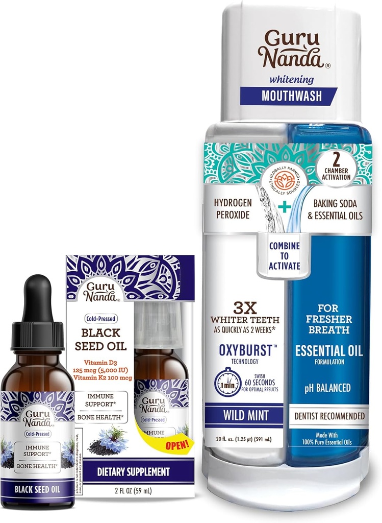 GuruNanda Black Seed Oil, Cold- Pressed Nigella Sativa - Rig på vitamin D3 5000 Enheder, K2 & E & Dual Barrel Oxyburst Whitening Mouthwash - Indeholder hydrogenperoxid