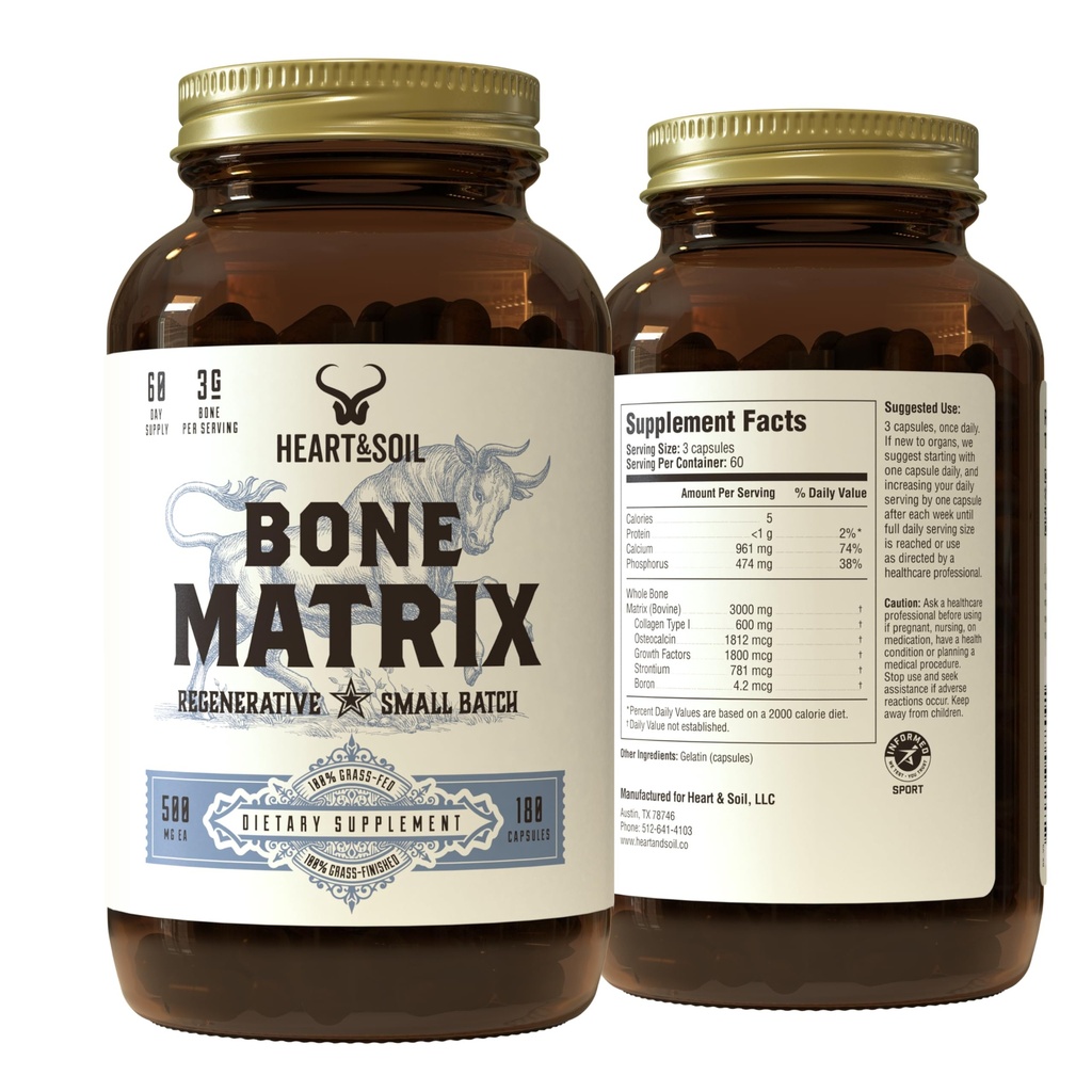 Heart & Soil Grass Fed Bone Matrix - Understøtter ben og fælles sundhed, styrke og fleksibilitet (180 kapsler)