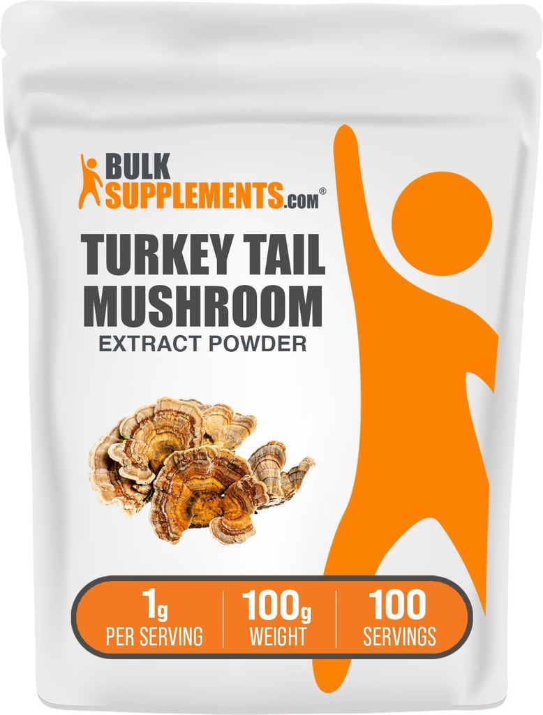 BulkSupplements.com Tyrkiet Tail Mushroom Extract Powder - Coriolus Versicolor Extract, Mushroom Supplement - Vegan & Gluten Free, 1g per Serving, 100g (3,5 oz) (Pack of 1)