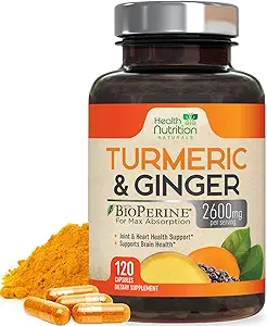 Gurkemeje Supplement 2600mg - med Økologisk Ginger & Gurkemeje, 95% Curcuminoider, BioPerine Black Pepper til Bedste Absorption, Naturens Veganske Fælles Support, Non- GMO, Flasket i USA - 120 Kapsler