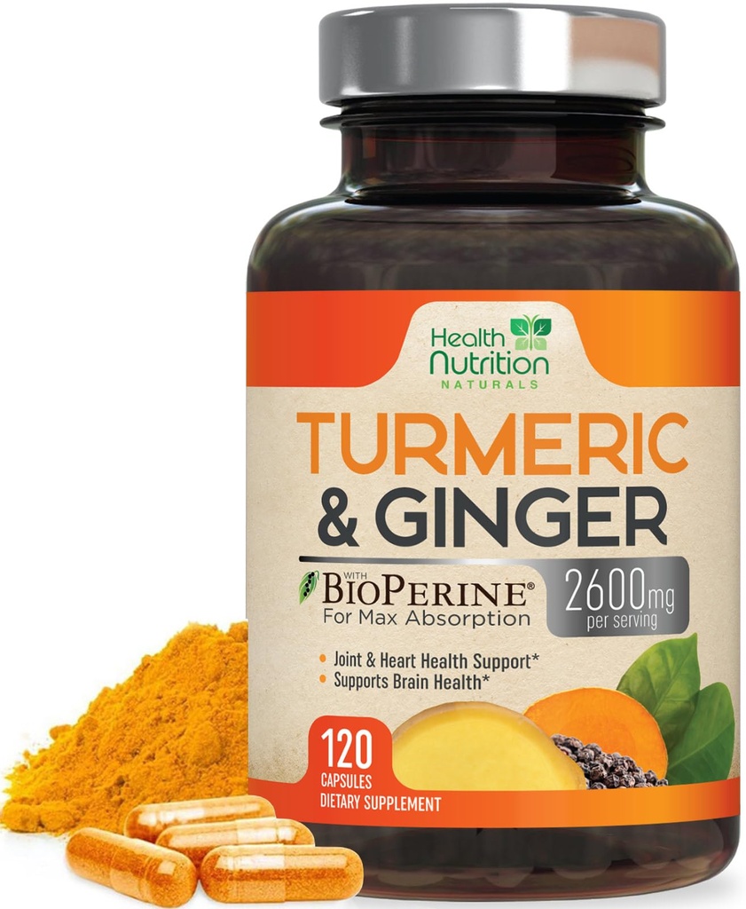 Gurkemeje Supplement 2600mg - med Økologisk Ginger & Gurkemeje, 95% Curcuminoider, BioPerine Black Pepper til Bedste Absorption, Naturens Veganske Fælles Support, Non- GMO, Flasket i USA - 120 Kapsler