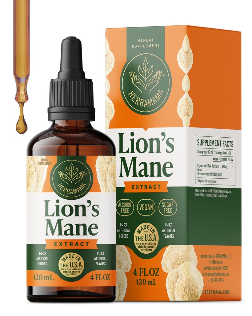 HERBAMAMA Lions Mane Tincture - Vegansk Focus & Nerve Support med Lions Mane Mushroom Extract - Hericium Erinaceus Brain Support Supplement - Non- GMO, Alkohol & Sugar- Free - 84- Day Supply