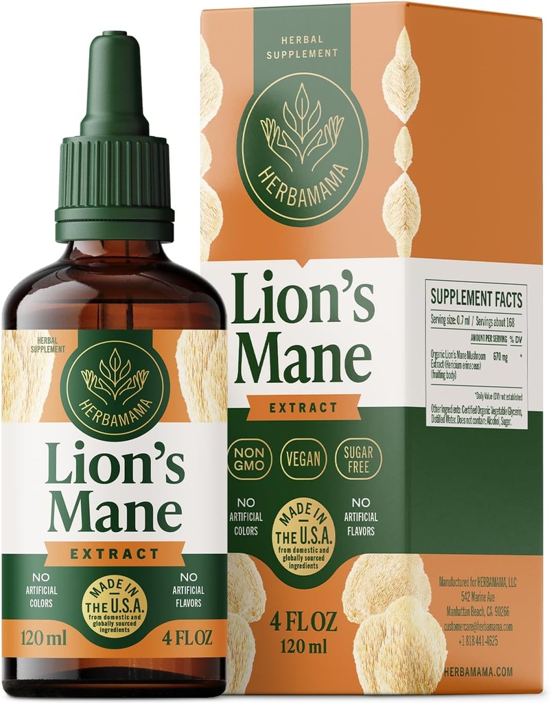 HERBAMAMA Lions Mane Tincture - Vegansk Focus & Nerve Support med Lions Mane Mushroom Extract - Hericium Erinaceus Brain Support Supplement - Non- GMO, Alkohol & Sugar- Free - 84- Day Supply