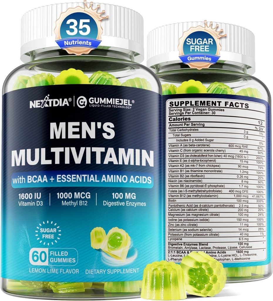 Methyleret multivitamin til mænd Gummies, BCAA aminosyrer, zink, Daglig vitamin A C D3 E K2 B Complex, Calcium, Magnesium, Lycopene, fordøjelsesenzymer - energi, immunforsvar, Muskelsukkerfri, Vegan, 60Cts