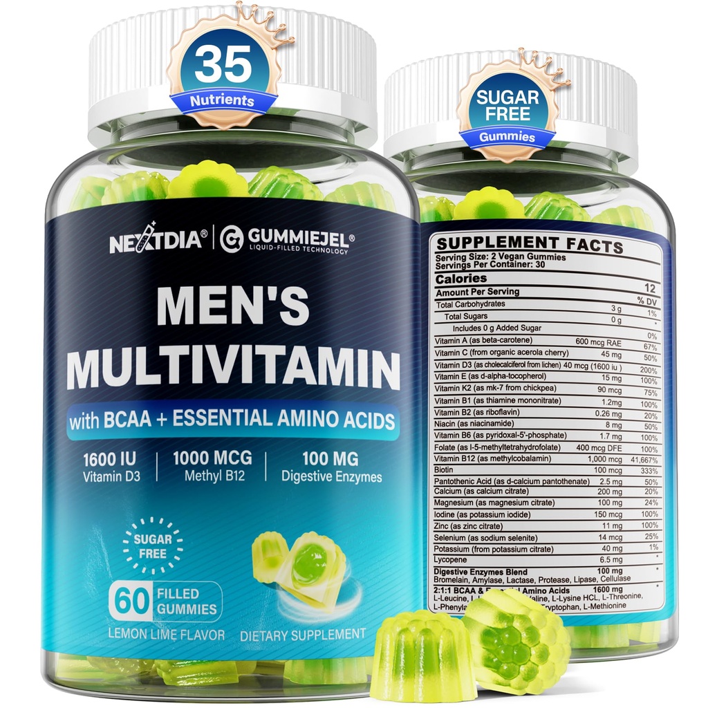 Methyleret multivitamin til mænd Gummies, BCAA aminosyrer, zink, Daglig vitamin A C D3 E K2 B Complex, Calcium, Magnesium, Lycopene, fordøjelsesenzymer - energi, immunforsvar, Muskelsukkerfri, Vegan, 60Cts