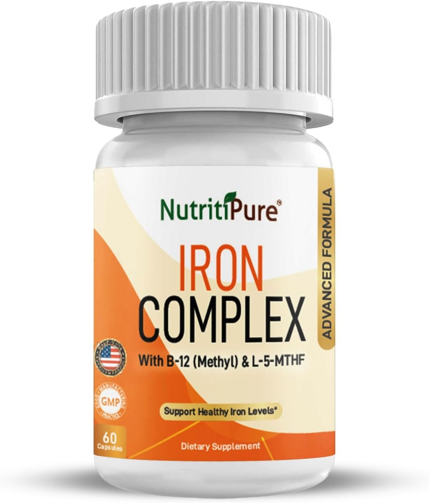 Jern Complex, Komplet blod bygning Jern Vegetariske kapsler med non- forstoppende Carbonyl Jern, Quatrefolisk, B12, B6 & C-vitamin, for kvinder og mænd (60 hætter)