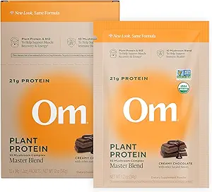 Om Master Blend Vegan Protein Powder, Chocolate, 21g Plant Protein - Organic Mushroom Supplement med 10 Mushroom Complex, Ashwagandha, BCAA og vitamin B12 - Single Serve (10 Greve)