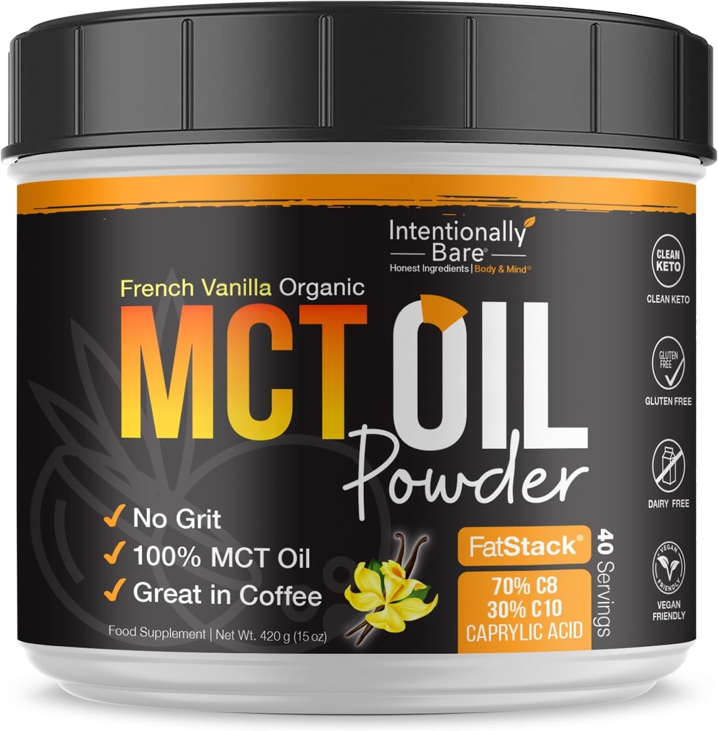 Intentionally Bare MCT Oil Powder Fransk Vanilla MCT Coffee Creamer - C8 MCT Oil Powder for Energy & Metabolisme - No Grit Keto Energy Blend Excellent i Bagning, Shakes & Creamer for Coffee - 40 Ser