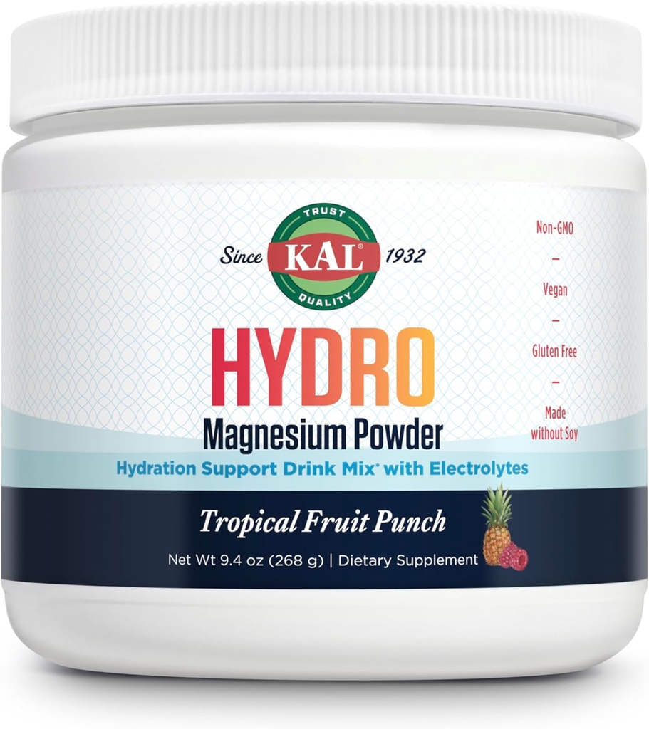 KAL Hydro Magnesium Plus Electrolytes Powder - Tropical Fruit Punch - Natrium, Chlorid, Kalium Supplement - Hydration & Cellular Energy Drink Mix - Ingen sukker - 60- Day Garanti, 50 Servering, 9.4 OZ