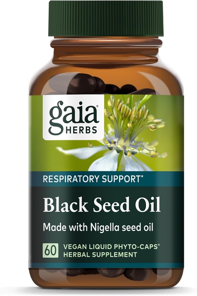 Gaia urter Black Seed Oil - Cold- Pressed Capsules for Lung, Respiratory, og Antioxidant Support - med Organic Nigella Seed Oil - Herbal Supplement - 60 Vegansk flydende Phyto- Kapsler (30- Day Supply)