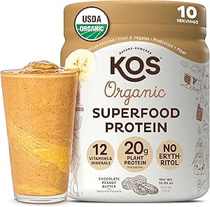 KOS Vegan Protein Powder, Chokolade Peanut Butter - Low Carb Pea Protein Blend, USDA Organic Superfood med vitaminer og mineraler - Keto, Soy, Dairy Free - Måltidserstatning for kvinder & mænd - 10 Servering