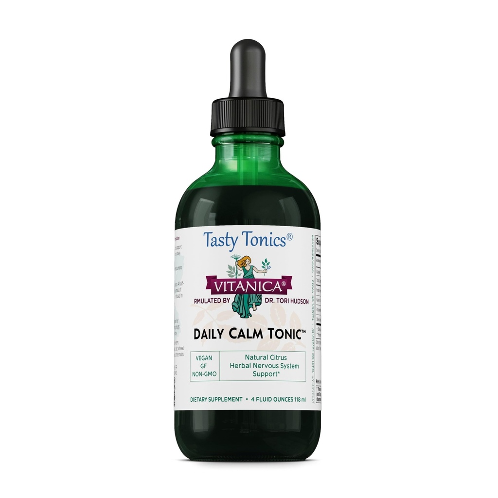 Vitanica Daily Calm Tonic, Natural Liquid Stress Relief Supplement, Dr. Formuleret, Organic Lemon Balm, Kava Kava og Passion Flower, for kvinder, Mænd og voksne, Vegan, 4 Ounce (Daily Calm Tonic)