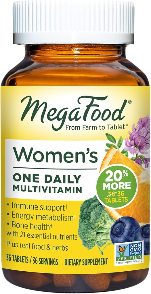 MegaFood Womens Multivitamin One Daily - Multivitamin for kvinder - C-vitamin, D-vitamin, jern & B-vitaminer - Knogler, Energi Metabolisme og immunforsvar - Vegetarisk, GlutenFree - 36 tabletter, 36 servering