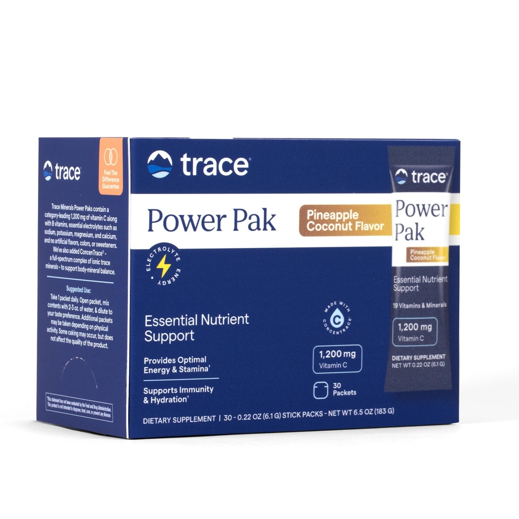 Trace Minerals Power Pak Multivitamin and Multimineral Packets - Electrolyte Support - 1200 mg Vitamin C Plus 70+ Trace Minerals - Pineapple Coconut Flavor - 30 Packets