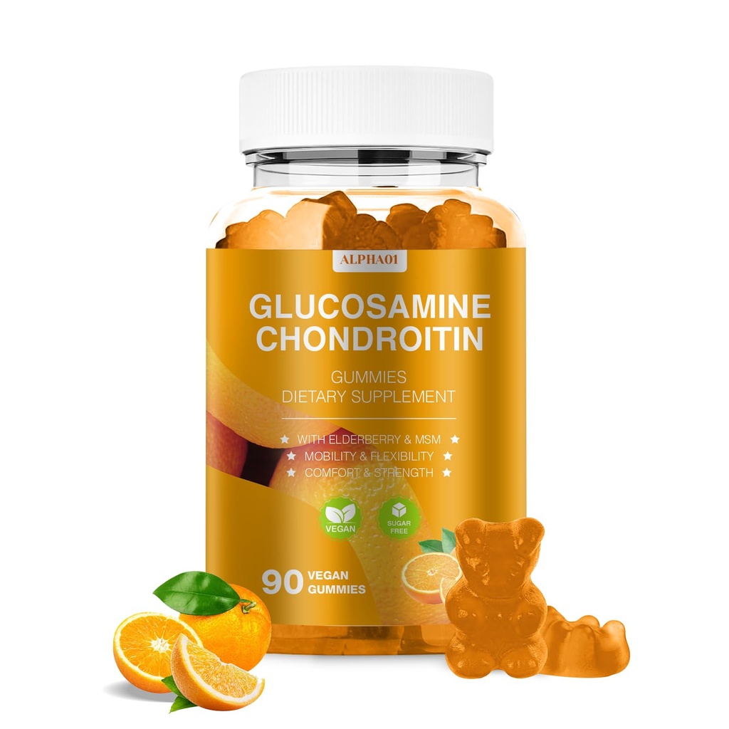 Glucosamin Chondroitin Gummies - 3000MG Extra Strength Joint Support Supplement med MSM & Elderberry, Fleksibilitet, Antioxidant immunsupport Gummy til voksne, Mænd & Kvinder - 90 Orange Gummies