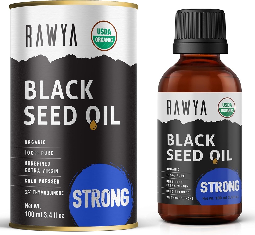 RAWYA Black Seed Oil - Ekstra stærk smag, høj TQ, kold presset, glasflaske, Nigella Sativa Oil, Great for Skin & Hair Care, Black Cumin Seed, Kalonji, 100% certificeret Organic - 3.4 Fl Oz,