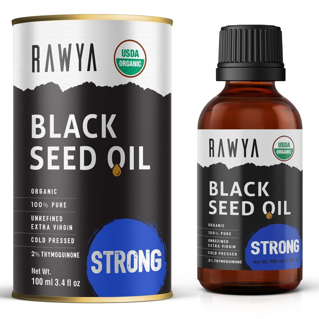 RAWYA Black Seed Oil - Ekstra stærk smag, høj TQ, kold presset, glasflaske, Nigella Sativa Oil, Great for Skin & Hair Care, Black Cumin Seed, Kalonji, 100% certificeret Organic - 3.4 Fl Oz,