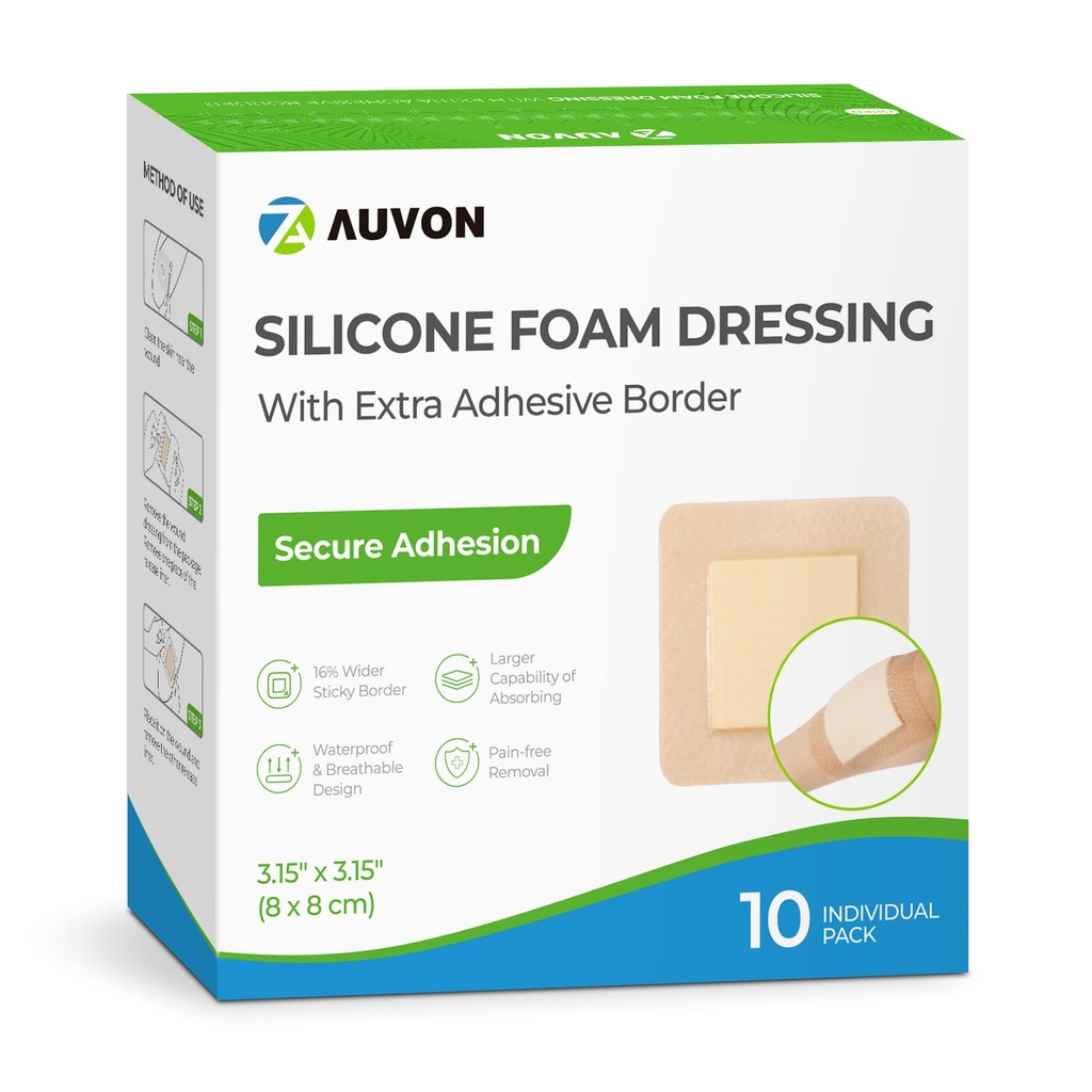 AUVON Silicone Foam Dressing med store påklædningskant, 3 "x 3" 10 Pakker Såret Klædning Bandage med høj Absorption, Vandtæt Silicone Foam Pads til Sår Care & Protection Plus Cushioning
