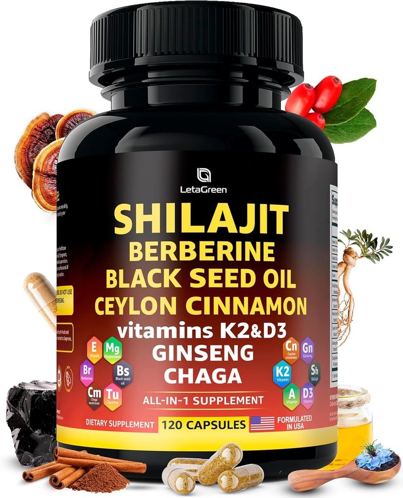 Organic Himalayan Shilajit kapsler med sort frø olie berberine kanel Ginseng Chaga & Taurine & vitamin A, E, D3, K2 (120 Greve) - All- in-1 Fulvic Acid Shilajit til mænd og kvinder