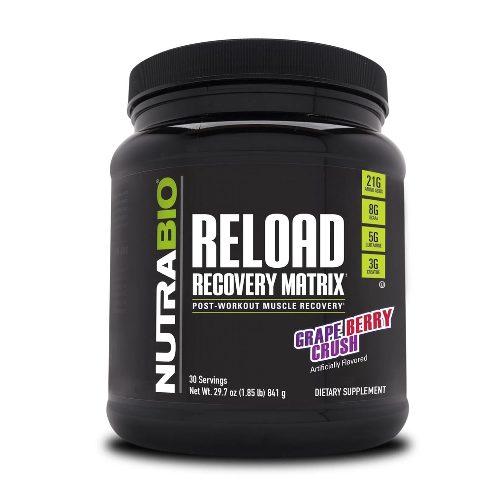 NutraBio Reload - Kraftfuld Muscular Recovery Formel - efter-workout Supplement - 3G Creatin - 8G BCAAs - 5G Glutamin - 30 Servere, Grape Berry Crush