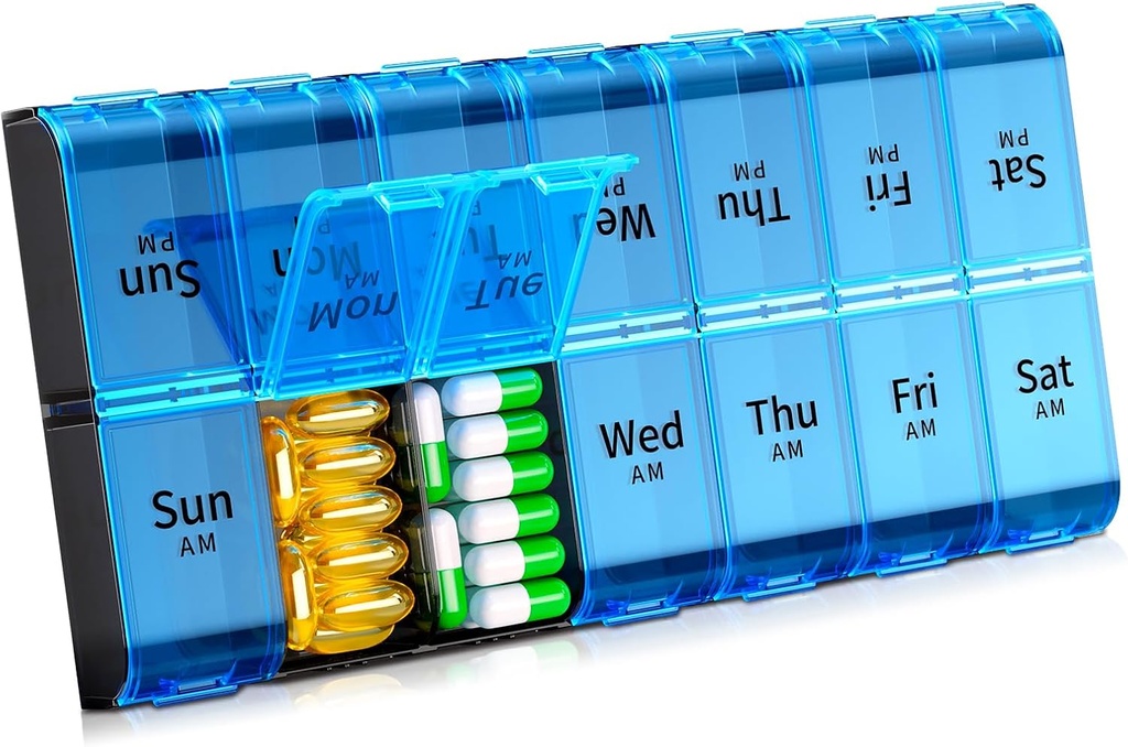 XL Large Weekly Pill Organizer 2 Times a Day, Extra Big 7 Day Pill Box Am Pm, Daily Pill Case Medicine Organizer with 14 Compartments, Day Night Pill Container for Fish Oils, Vitamin, Supplement