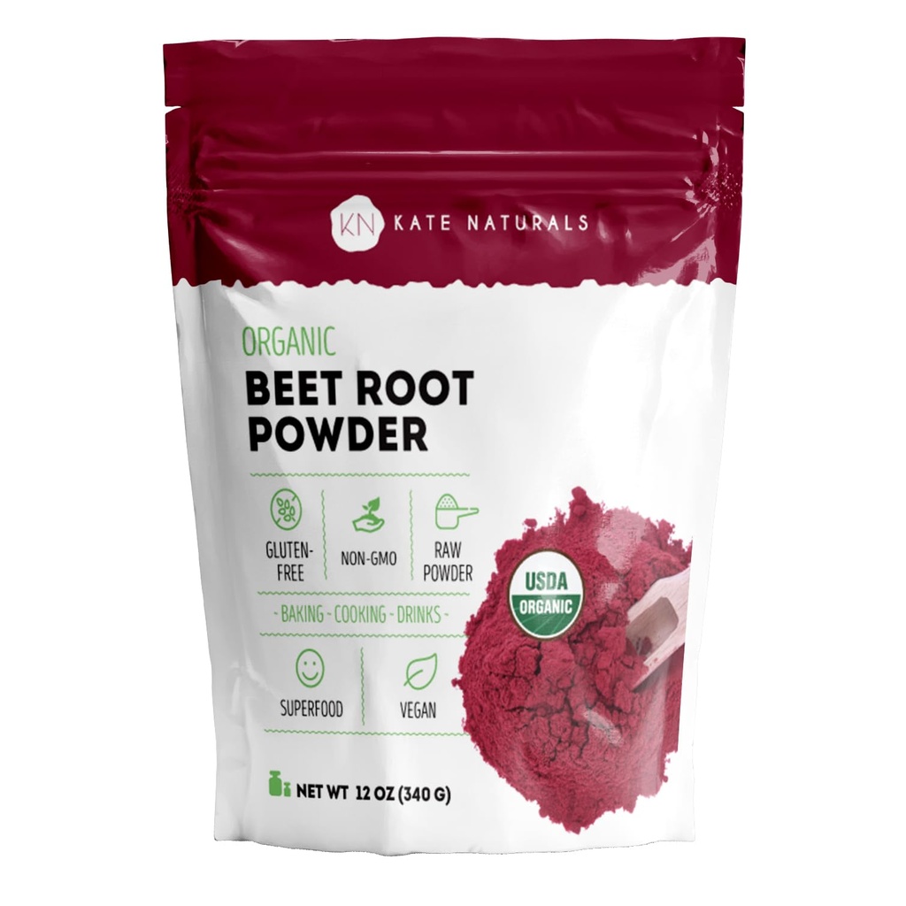 Kate Naturals Organic Beet Root Powder til Smoothies, Bagning & Juice. Rå rødbeder Superfood & Natural Red Food Farvelægning (12oz, non-GMO, Earthy Flavor)