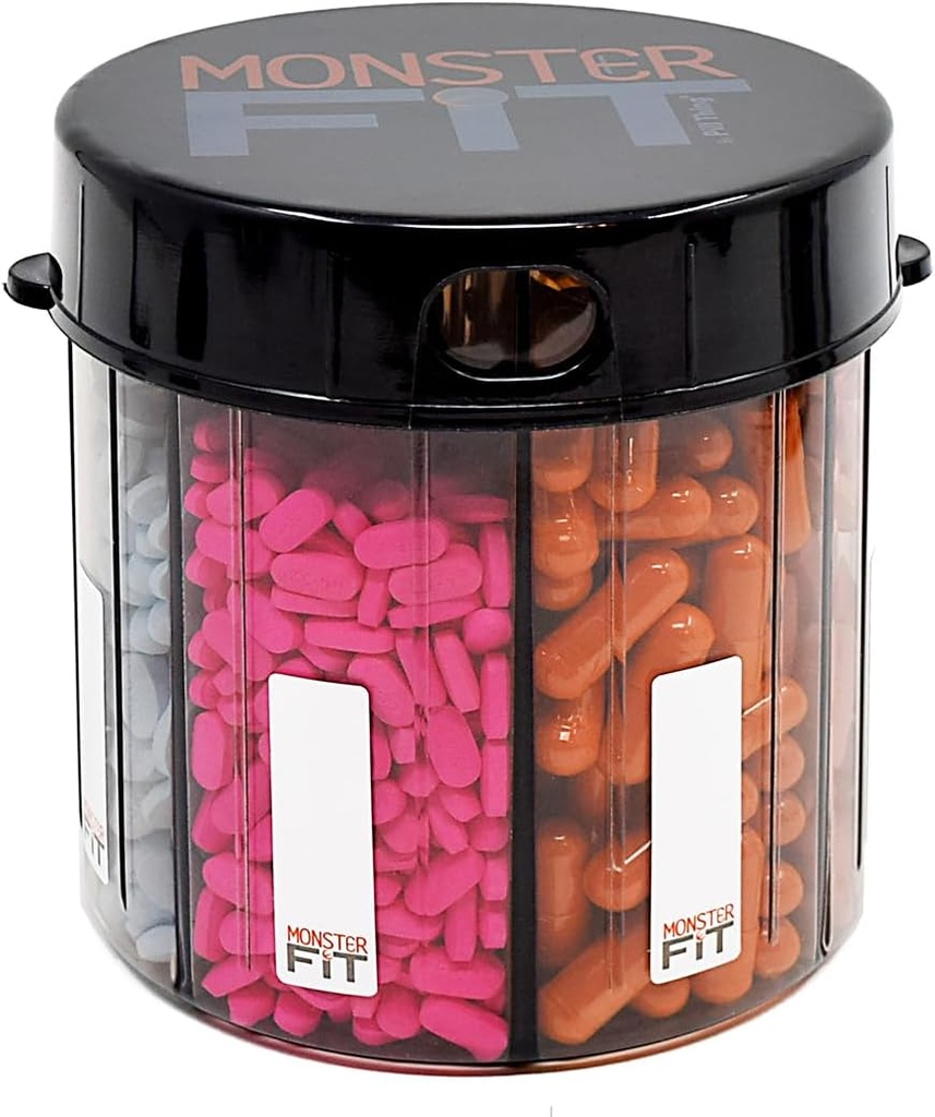 XL supplement Pill Dispenser Flaske, 7 Segment, Labels, Easy Open, Anti- Mixing, UV Protected Organizer, Ekstra store månedlige Vitamin, Monster Fit Medication Holder omfatter Premium Medisafe App