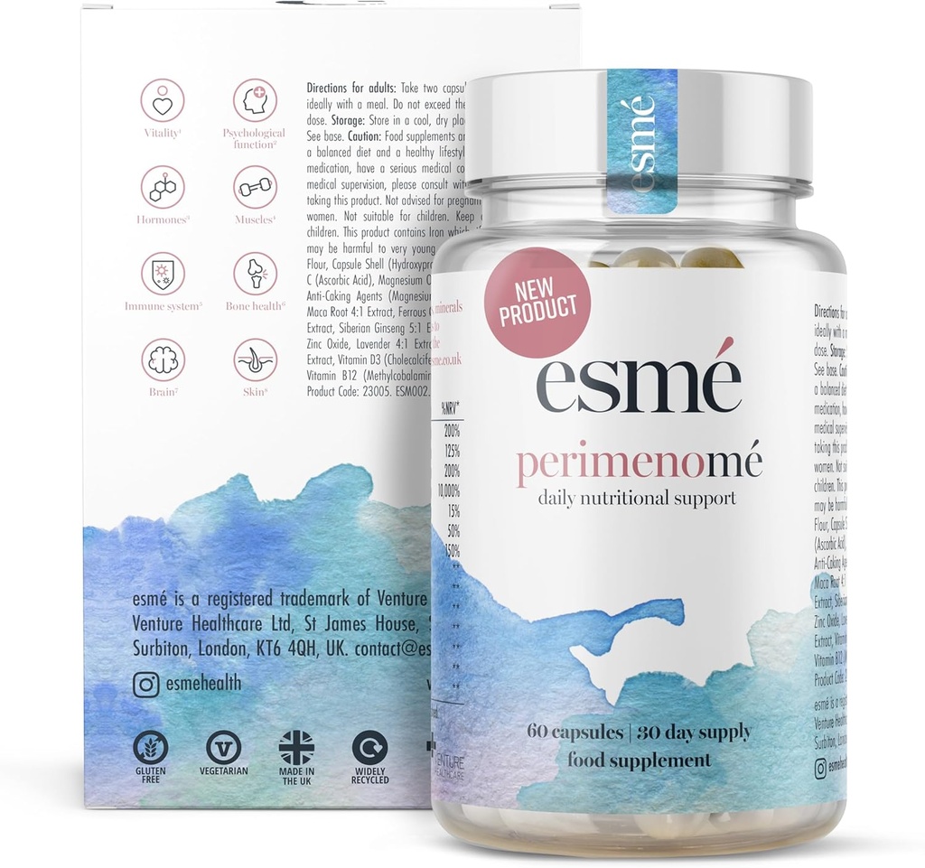 Esme Menopause Kosttilskud Paumenopause Kosttilskud 1 måned Tilgang - Daglig støtte til Den tidlige fase af menopause - 60 kapsler - Inkluderer Ashwagandha, Vitamin og rød kløver