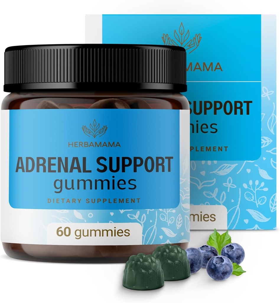 HERBAMAMA Adrenal Support Gummies - Pure Adrenal Complex supplement til kvinder med Ashwagandha Root, Rhodiola Rosea & Magnesium - Vegan, ikke-GMO - 60 Pectin- baserede Blueberry- smag tygger