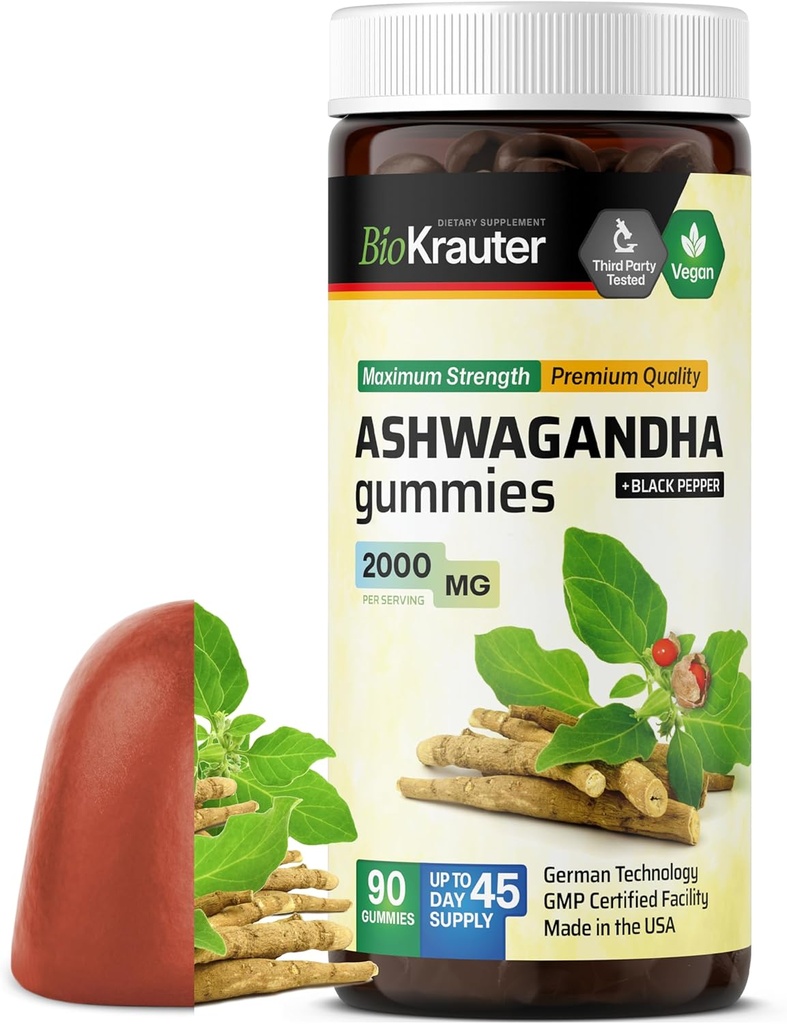 BIO KRAUTER Ashwagandha Gummies for Women & Men - 2000 mg Styrke - 90 Chews for Mood Support - Chewable Ashwagandha Kosttilskud - Vegan - Mango Flavor