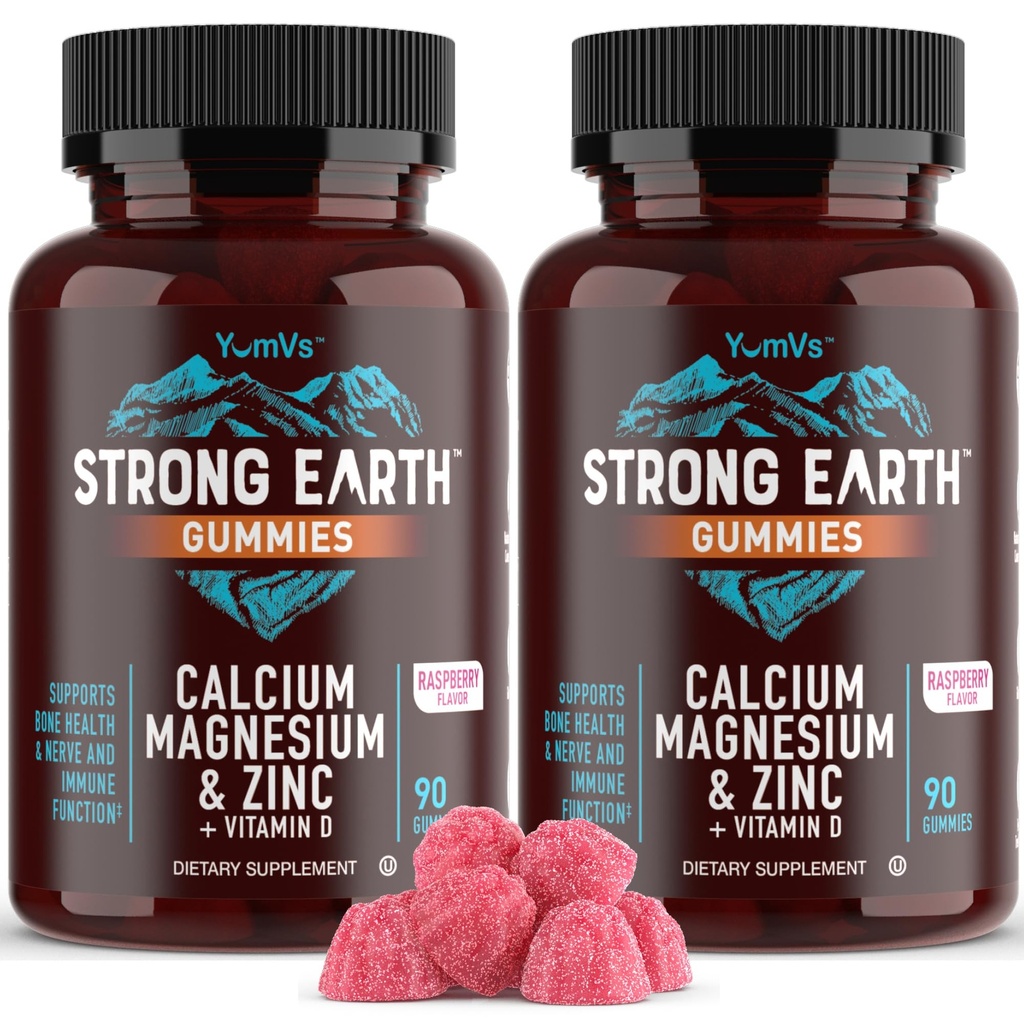 YUM- V 'S Calcium, Magnesium, Zink & Vitamin D Gummies, Cal Mag Chewable Supplement, Vegetarisk Kosher Halal Natural Raspberry Flavor Gummies for Voksne Kvinder & Mænd - 90 Greve (Pakke af 2)