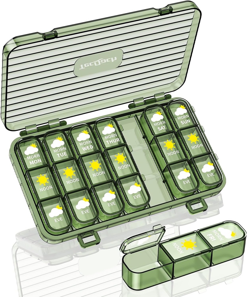 Ugentlig Pill Organizer, 3 gange om dagen, Stor rejse 7 Day Pill Box med separat Container, Daglig Portable Fugt- Proof Pill Case for Medicin, Vitamin, Fiskeolie og Kosttilskud