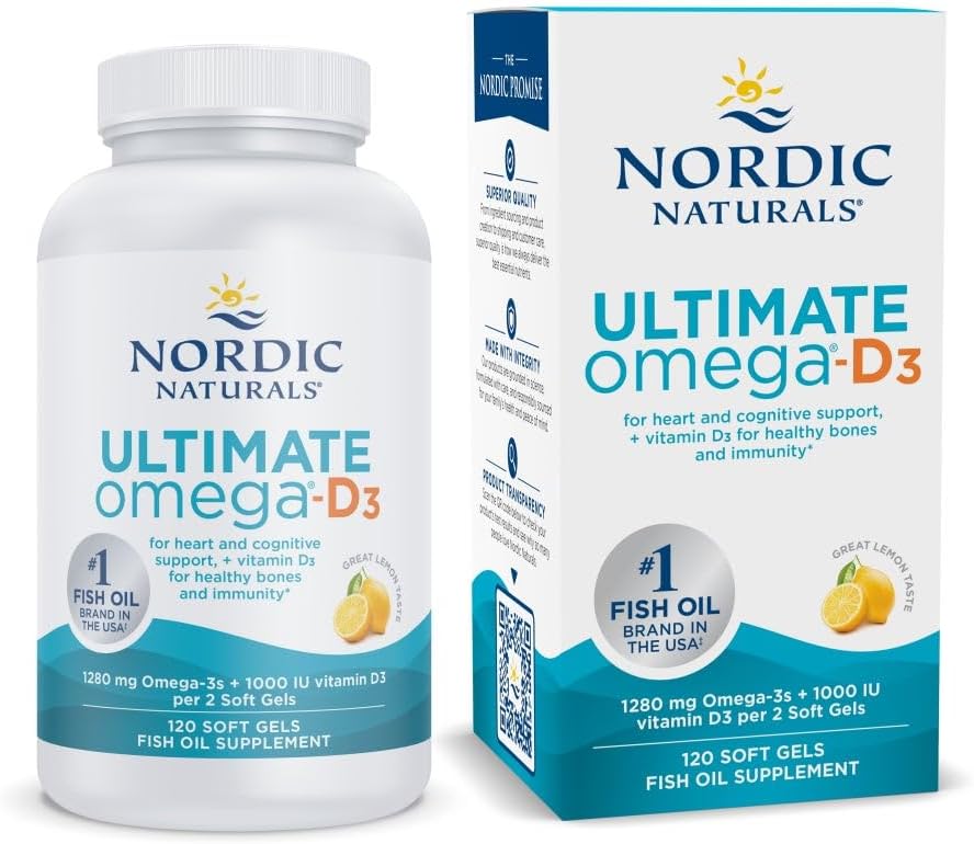 Nordiske Naturals Ultimate Omega- D3, Lemon Flavor - 120 Soft Gels - 1280 mg Omega-3 + 1000 IE D3- vitamin - EPA & DHA - fremmer hjerne, hjerte og immunforsvar - 60 Servere