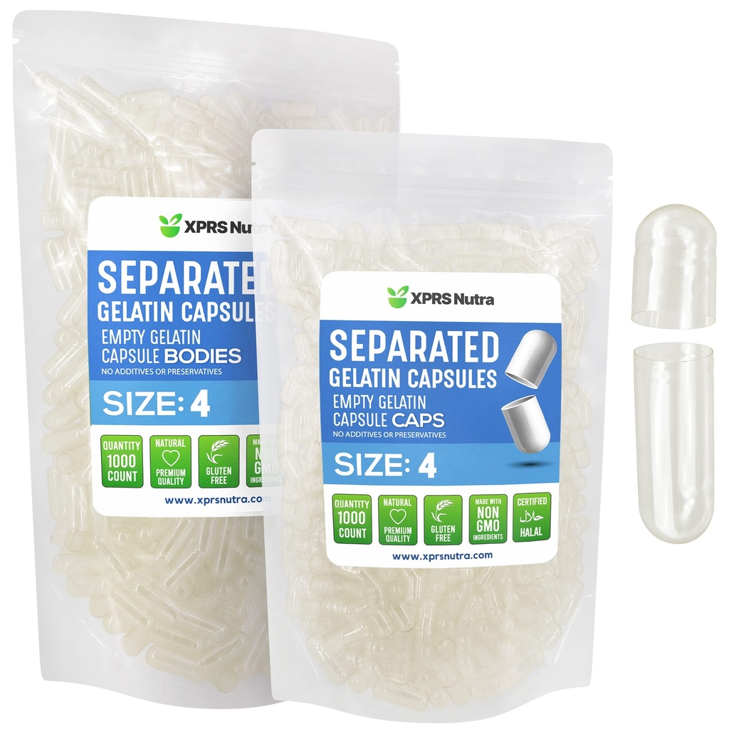 XPRS Nutra Gelatine Størrelse 4 Separated Capsules - 1000 Count Clear Small Empty Capsules Separated in Bags - DIY Filtable Pille Caps - Størrelse 4 Gel Do- It- Yourself Vitamin og Supplement Fyldning