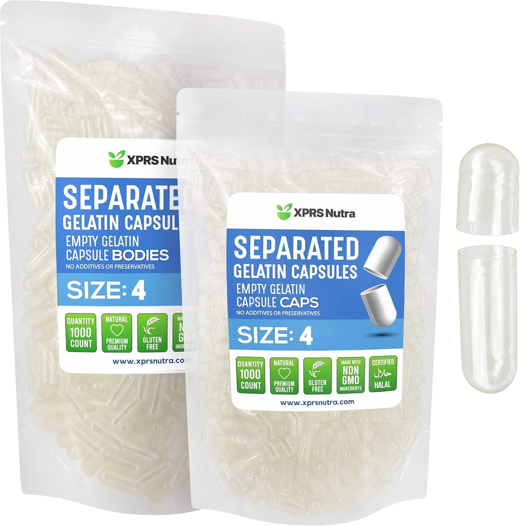 XPRS Nutra Gelatine Størrelse 4 Separated Capsules - 1000 Count Clear Small Empty Capsules Separated in Bags - DIY Filtable Pille Caps - Størrelse 4 Gel Do- It- Yourself Vitamin og Supplement Fyldning