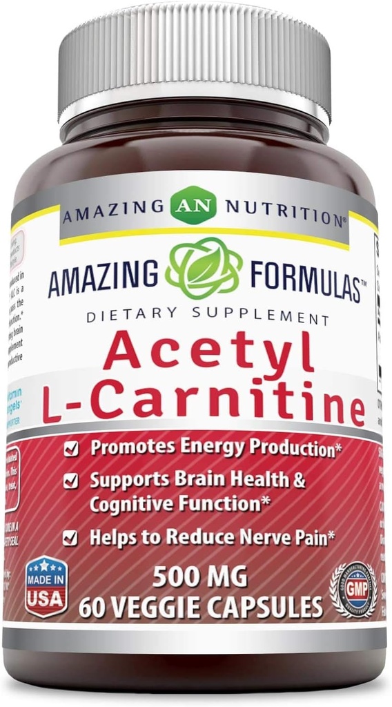 Amazing Formulas Acetyl L-Carnitine Hcl Veggie Dietary Supplement - 500 Mg, Veggie Capsules (Non GMO,Gluten Free) Per Bottle - Promotes Energy Production & Cognitive Function (60 Count)