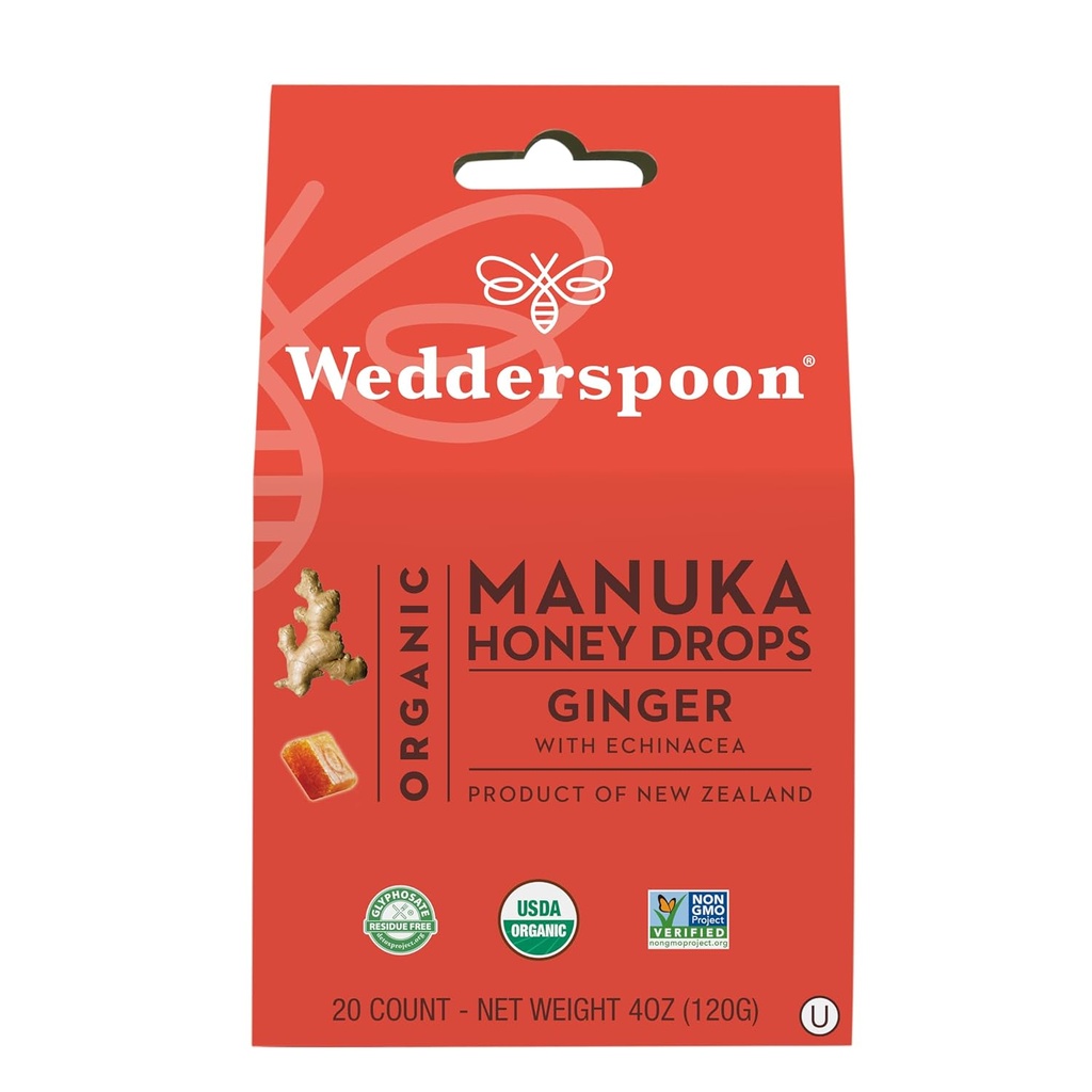 Wedderspoon Organic Manuka Honey Drops, Ingefær & Echinacea, 20 Greve (pakke med 1)